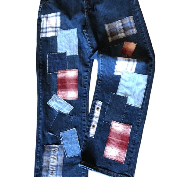 Flannel Patchwork Jeans, Size 16: Upcycled Distressed Denim & Plaid, Funky Pants - Picture 9 of 11